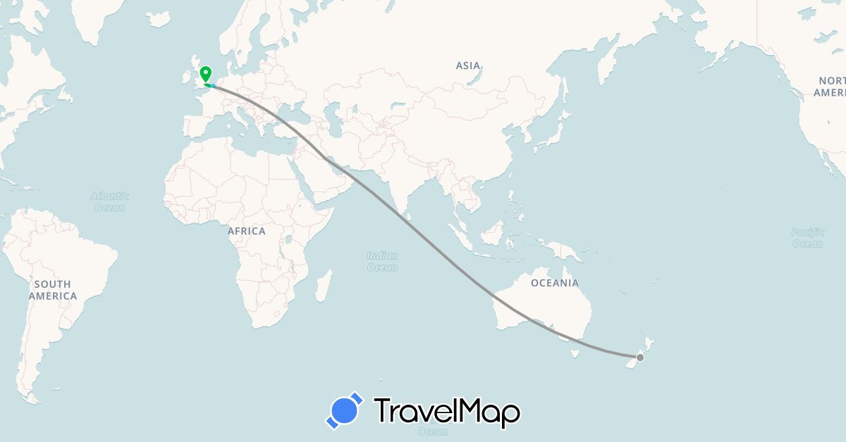 TravelMap itinerary: driving, bus, plane, boat in Australia, Belgium, United Kingdom, Kuwait, New Zealand (Asia, Europe, Oceania)